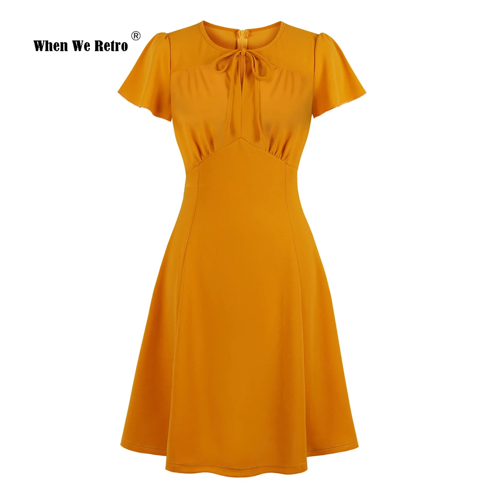 

Женское винтажное офисное платье с бантом на шее, оранжевое однотонное платье с высокой талией, облегающее и расклешенное платье для работы...