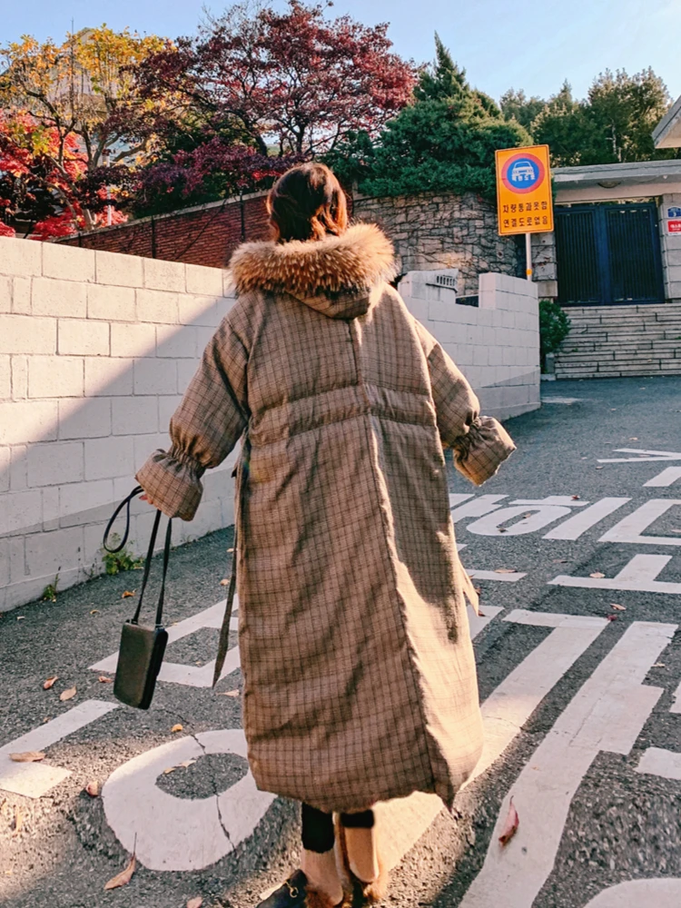 

2020 Winter Long Jacket Women Plaid Cotton Parka Coat Casual Loose Loose Thick Warm Fur Collar High Quality Women's Puffer Coat