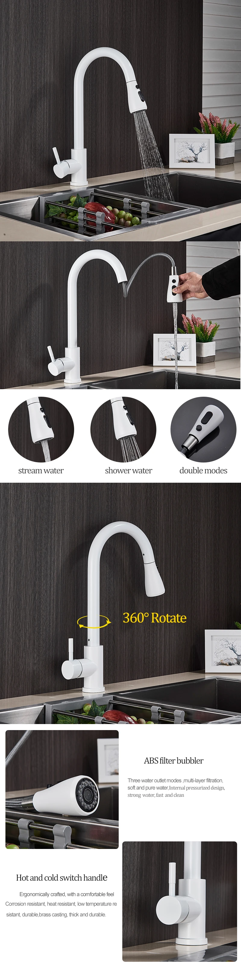 Senlesen White Kitchen Faucet Pull Out Kitchen Tap Two Water Outlet Modes Single Handle Deck Mounted Water Mixer Taps round kitchen sink