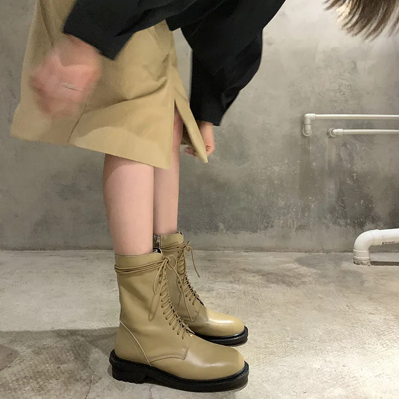 Jual Asumer Sepatu Bot Pergelangan Kaki Baru 2021 Untuk Wanita Sepatu Kulit Asli Sepatu Bot Berkendara Modis Musim Gugur Musim Dingin Berenda Sepatu Wanita Hitam