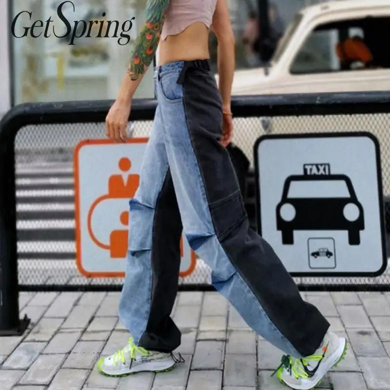 Женские джинсы с дырками GetSpring синие свободного покроя в стиле пэчворк осень