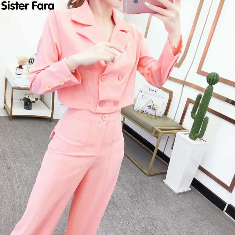 

Sister Fara New Spring 2021 Single Breasted Short Coat Women+Office Lady Solid High Waist Wide Leg Pants Autumn 2 Pieces Suit