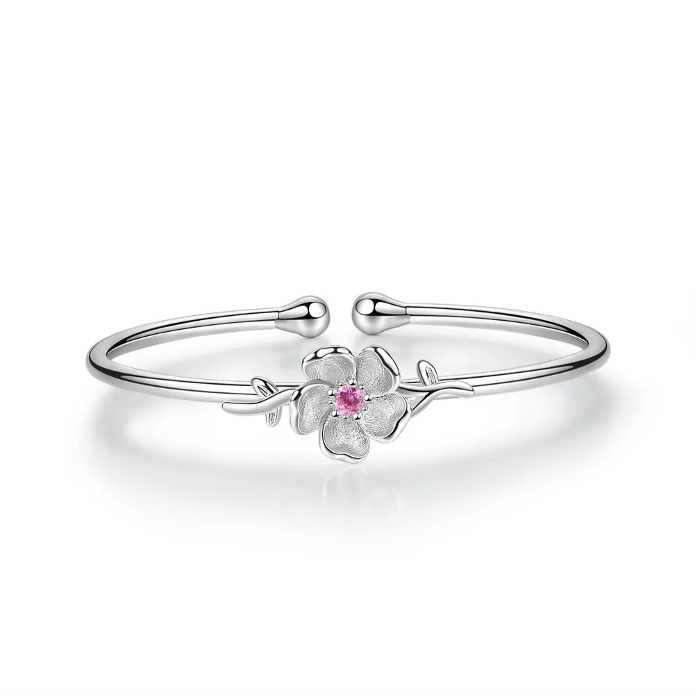

Charm Silver Plated Open Bangle Cuff Bracelet Flower Design with Zirconia for Women Bridesmaid Romantic Gift Jewelry SZ001