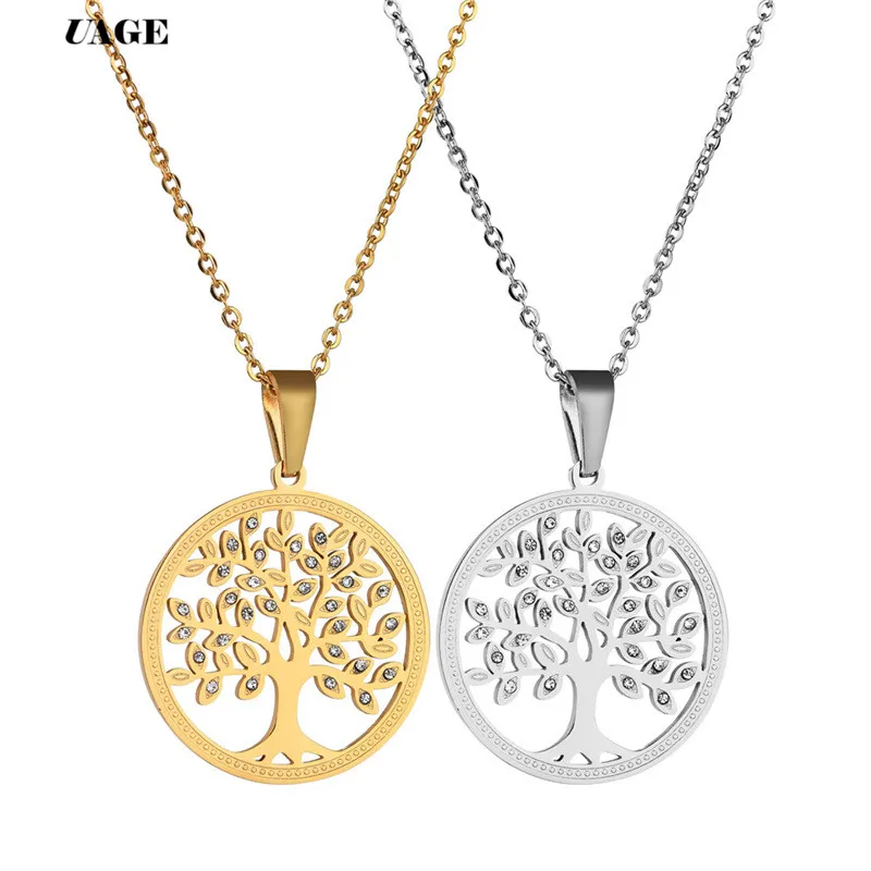 UAGE горячее Дерево жизни кристалл круглый маленький кулон ожерелье Золото