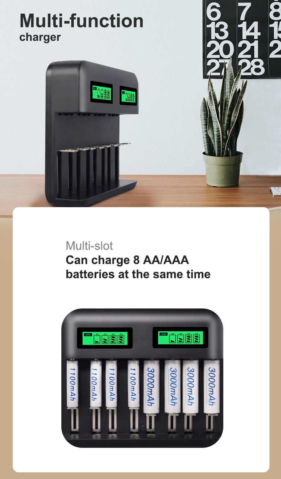 USB 8 слотов для AA AAA 2A 3A Sc C D размер перезаряжаемая батарея ЖК-дисплей Usb быстрое умное зарядное устройство для 1,2 в ni-MH ni-Cd