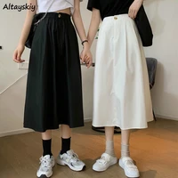 skirts women elastic waist button oversize solid simple white black long all match ulzzang students stylish breathable womens