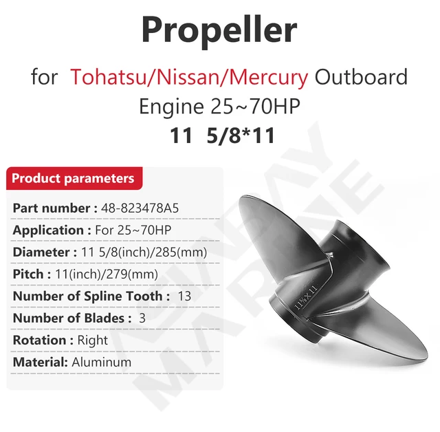 thumbnail image 2 of PWCMAN Prop 11 1/4x10 Pressed-in Hub,13 Spline Tooth 3 Blade, OEM Upgrade Aluminum Outboard Propeller Fit Mercury/Mariner/Marathon/Seapro Engine 25HP/ 30HP/35HP/40HP/45HP/48HP/50HP/55HP/60HP/70HP, Propellers - Canada 2 of 13