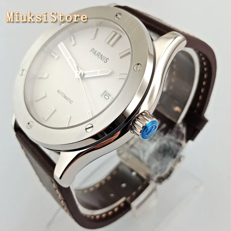 Мужские серебристые часы с сапфировым стеклом и кожаным ремешком | Наручные