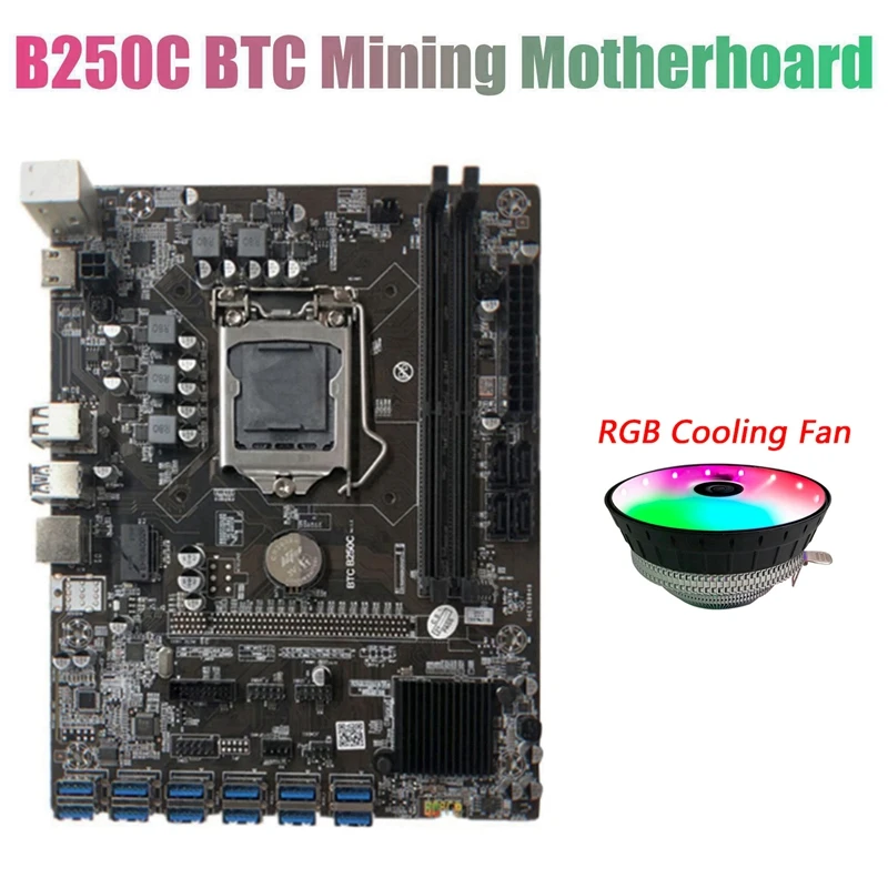 

Материнская плата для майнинга BTC B250C с кулером охлаждения ЦП RGB 12 PCIE в разъем для графической карты USB3.0 LGA1151 поддерживает DDR4 для BTC
