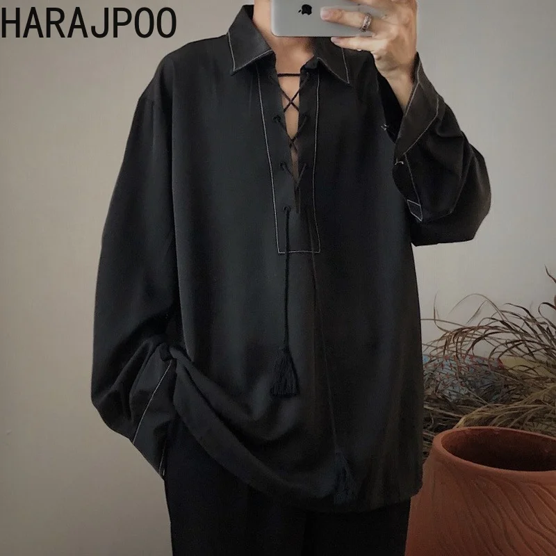 

Harajpoo Women Shirts Korean INS High Street Black Open Line Flow Ear Tie Rope Design Sense Temperament Loose Long Sleeves Tops