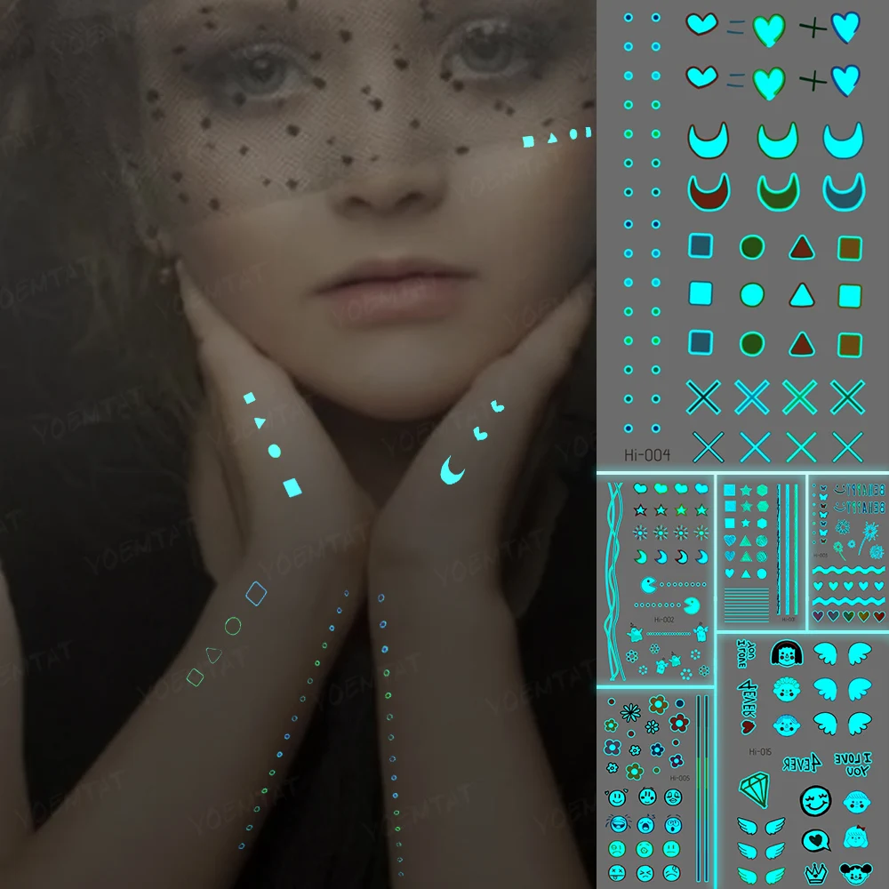 

Luminous Stickers Neck Tattoo Temporary Glitter Tattoo Kids Linear Moon Heart Shaped Cross Point Face Fingers Tato Art Blue Glow