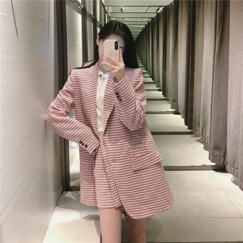 

PSEEWE Spring Za 2021 Houndstooth Pink Blazer Woman Long Sleeve Office Suit Long Blazer Set Vintage Button Elegant Female Coat