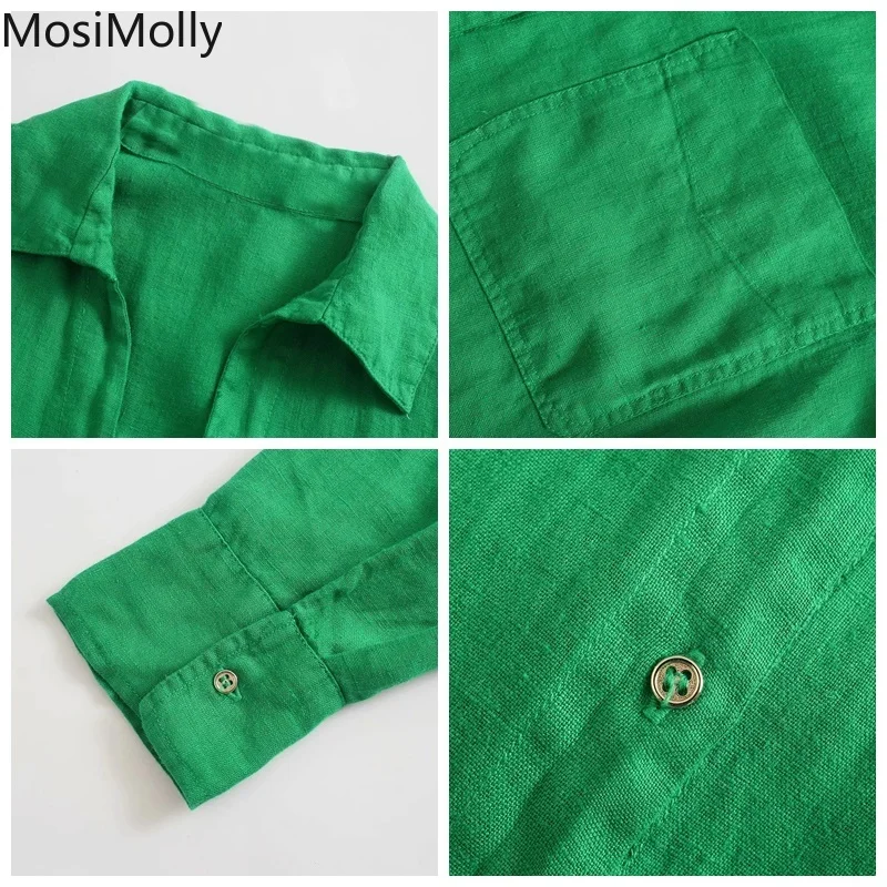 

MosiMolly Linen Cotton Blouses Shirt Women Female Blusas 2021 Long Sleeve Pockets Cotton Blouses