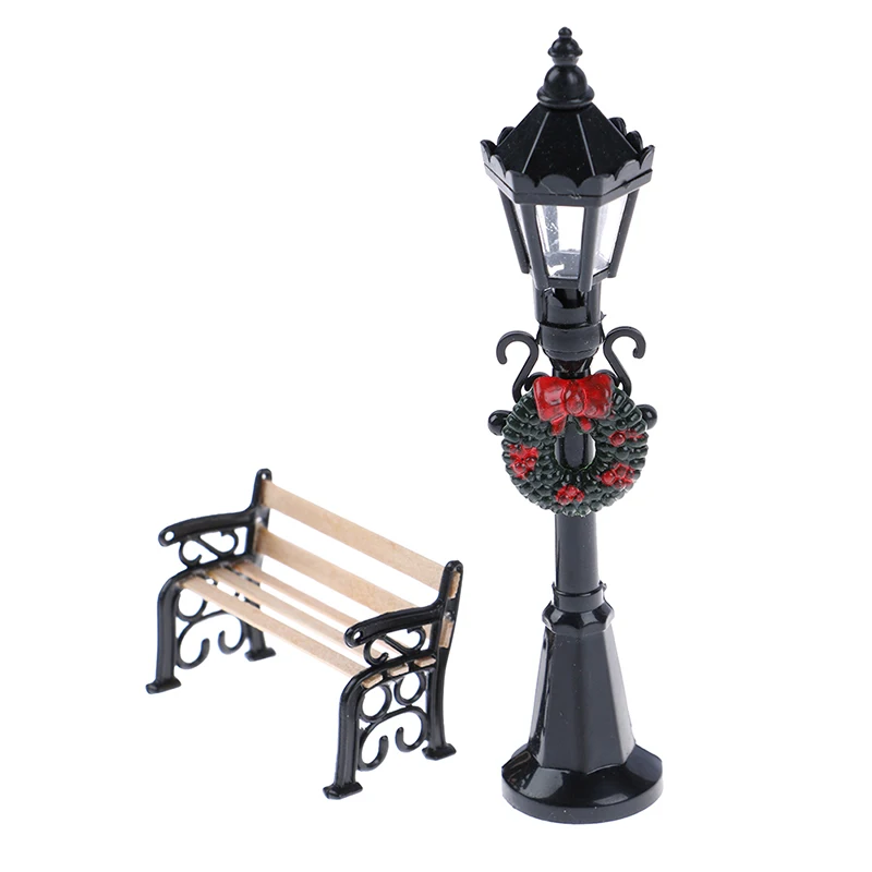 

1/12 Dollhouse Miniature Christmas Park Street Lamp & Bench Doll Garden Decor