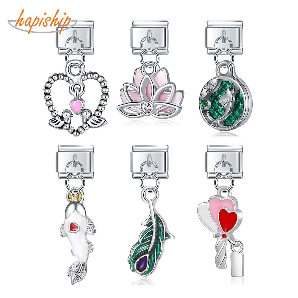 Hapiship New Original Daisy Fashion Fish Love Birds Heart Key Feather Charm Italian Links Fit 9mm Bracelet Jewelry Making DJ367