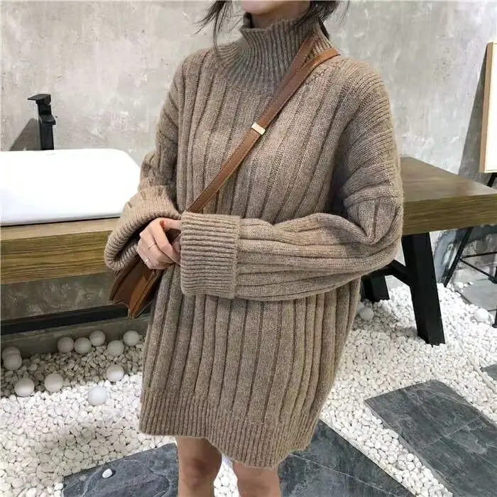 

Winter Women Turtleneck Sweater pullover New Autumn Loose Long Sleeve Tunic Knitted Casual Clothes Long warm sweater UM029