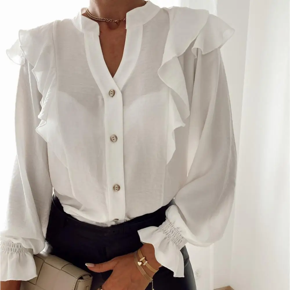 

Fashion Women Shirt Casual Ladis Autumn Solid Color Long Sleeve Blouse Ruffle Single-breasted Shirt Office Lady Stand Collar Top