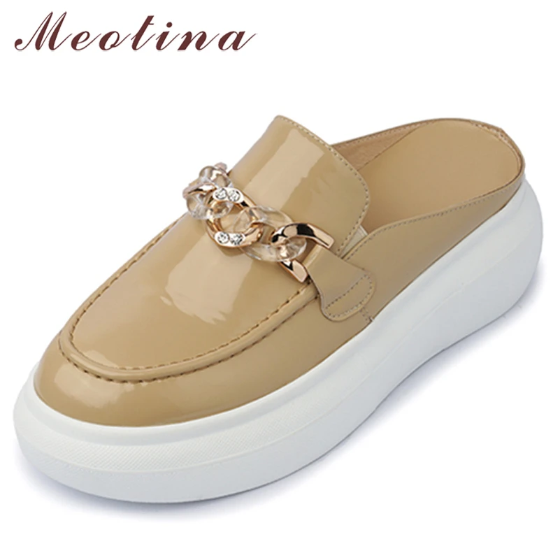 

Meotina Women Mules Shoes Chain Wedges Sandals Platform High Heel Slides Square Toe Cow Leather Ladies Footwear Summer Black 40