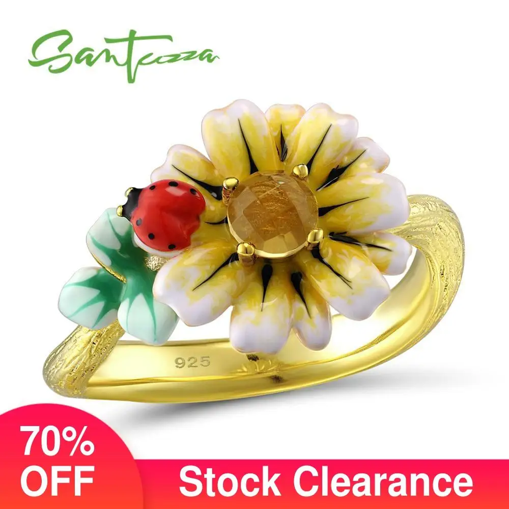 

SANTUZZA Silver Ring For Women 925 Sterling Silver Delicate Yellow Sunflower Cubic Zirconia Ringen Party Fine Jewelry Enamel