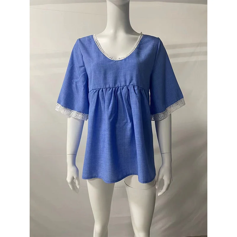 

Solid V Neck Half Sleeve Shirt Women Summer Sexy Casual Loose Lace T Shirt Top Plus Size Patchwork Elegant Pullover Clothes
