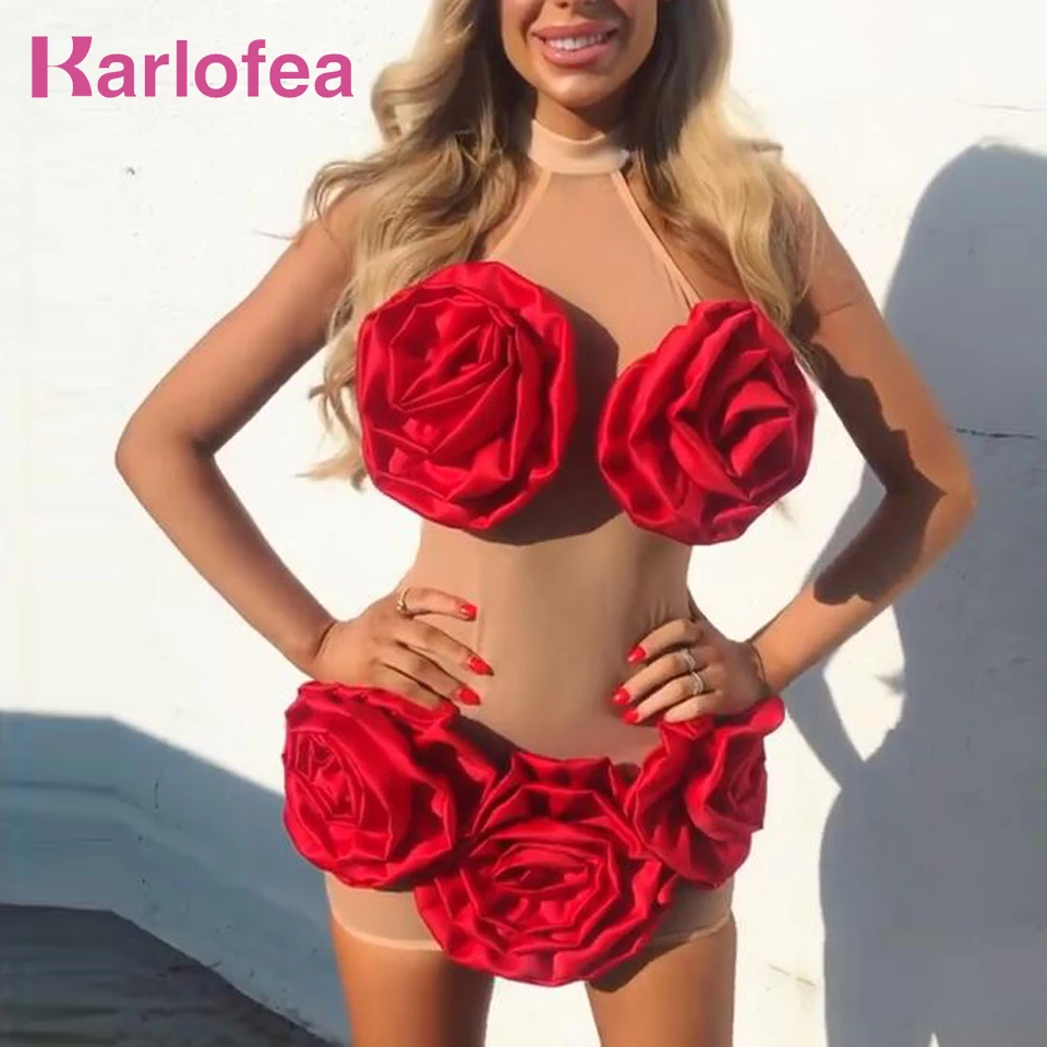 

Karlofea Women Sexy Mesh Celebrity Party Dress Exaggerated Red Rose Embellished Summer Beachwear Sleeveless Bodycon Short Dress