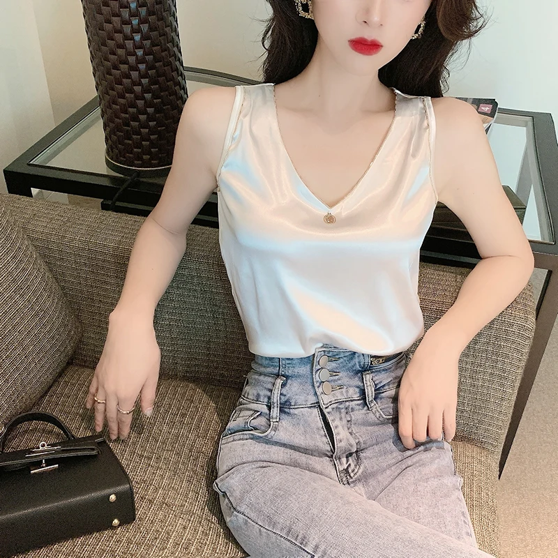 

Korean Womens Camis Satin Vest for Women Sleeveless Tank Tops White V-neck Vintage Tops Female 2021 Woman Top Basic Solid Cami