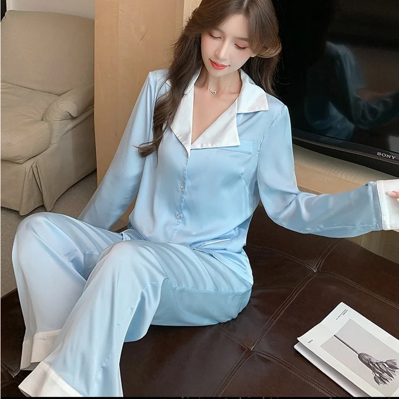QWEEK French Silk Like Pajamas for Women Satin Elegant Sleepwear Female Set 2 Piece Pijamas Kawaii Pyjama Long Sleeve Loungewear
