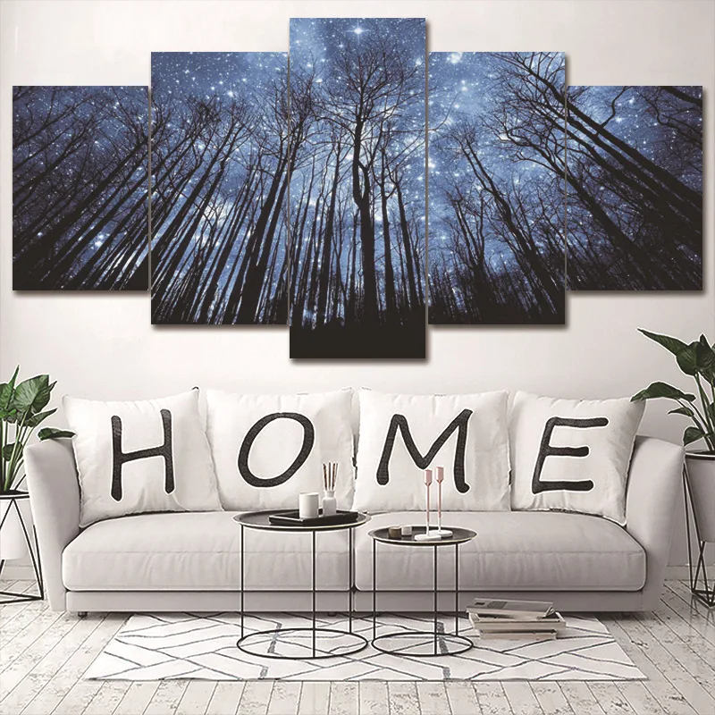 Night Sky Star Forest Landscape 5 Panel Canvas Painting Print Living Room Home Decor Modern Wall Art Oil Poster Picture | Дом и сад