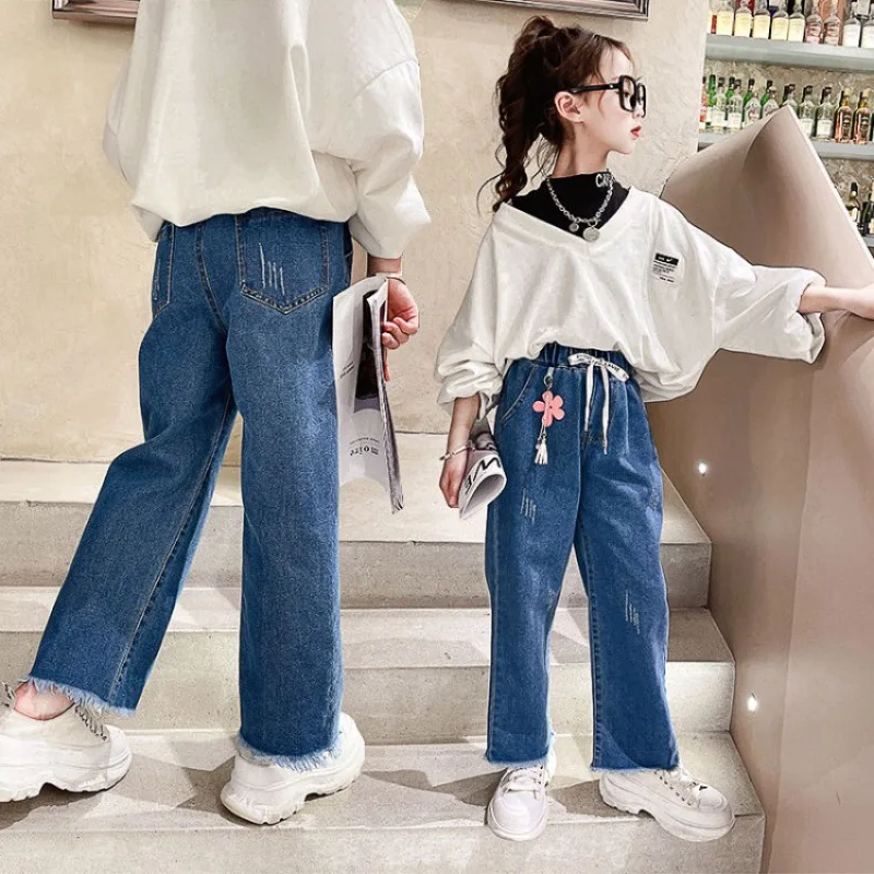 

Girls Straight Wide-leg Pants Spring Autumn 2021 New Children's Spring Jeans Big Children's Loose Long Pants Teen Denim Trousers
