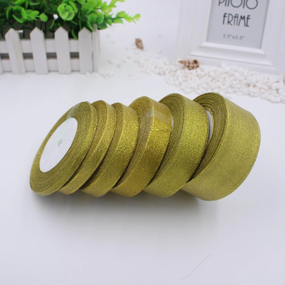 

25 ярдов/рулон, шелковая лента с золотым луком, 6 разных размеров (6-40 мм)