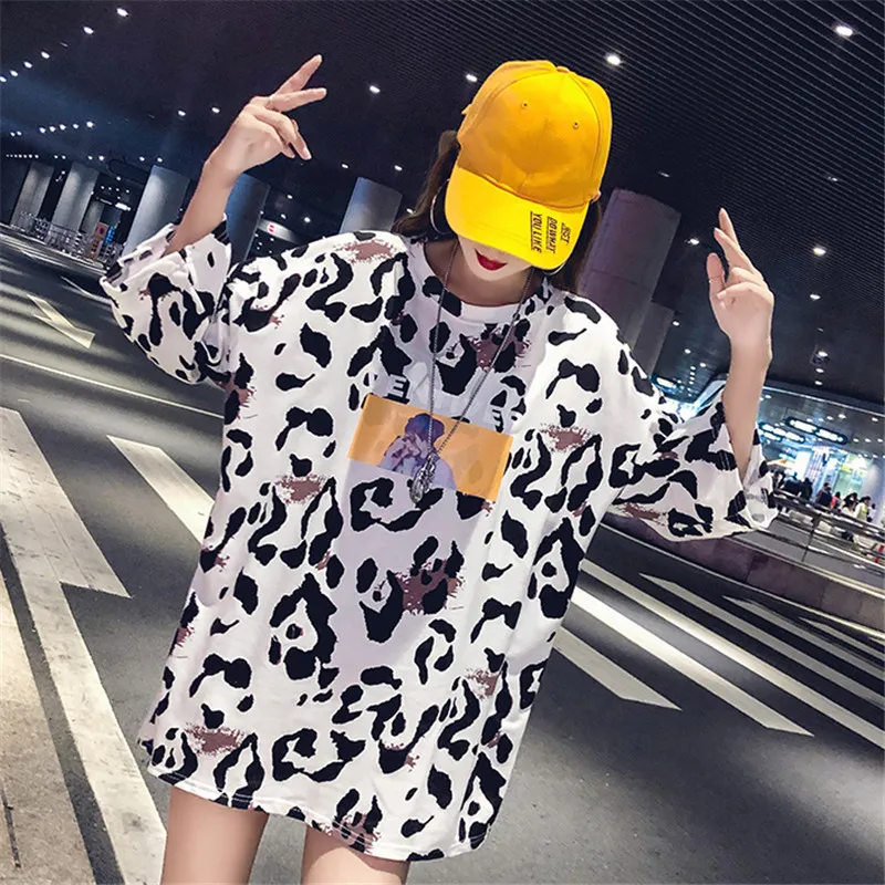 Hot sale 2020 Summer New Long section Loose leopard Print T-shirt Fashion Casual Round neck Women bottoming Tops C037 | Женская одежда