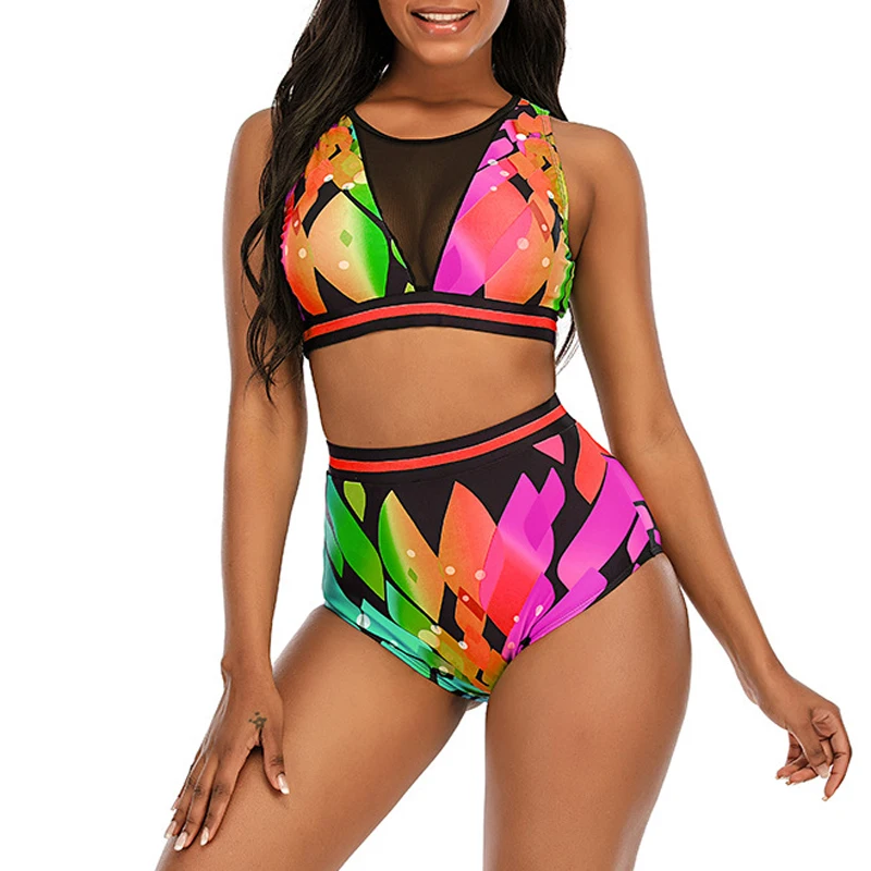 Купальник-бикини женский с разноцветным принтом пикантный сетчатый раздельный