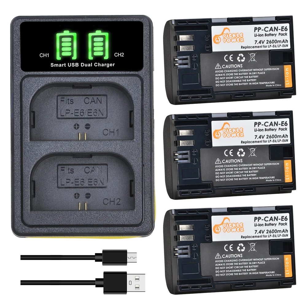 3x LP E6 LPE6 батарея 2600 мАч + Type C двойной светодиодный USB зарядное устройство для Canon EOS
