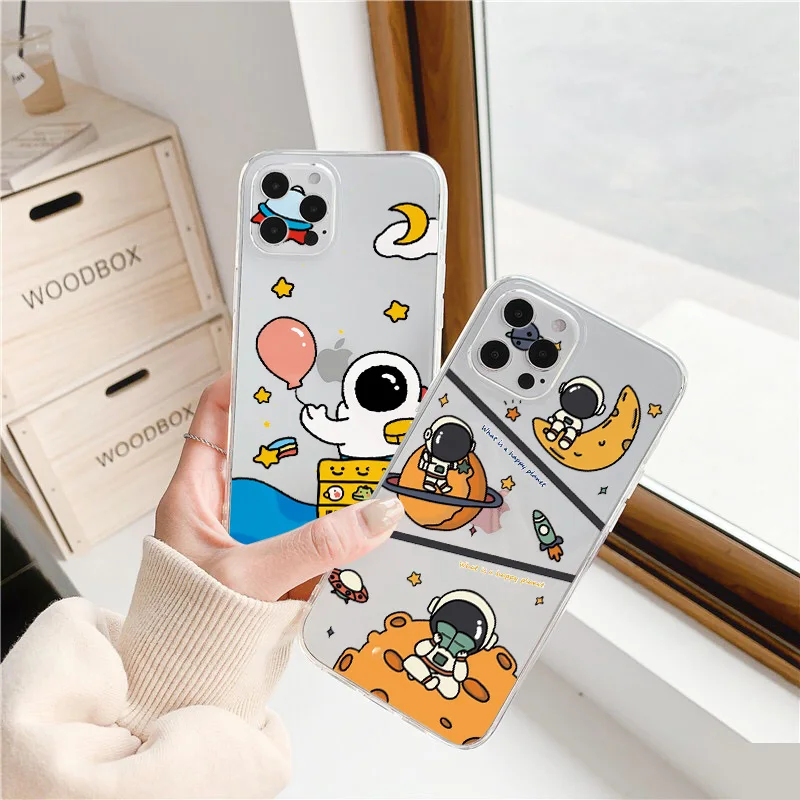 

Cute Cartoon Astronaut Star Space Clear Phone Case For iPhone XS Max XR X 13 12 11 Pro Max 8 7 Plus SE 2020 Transparent Cover