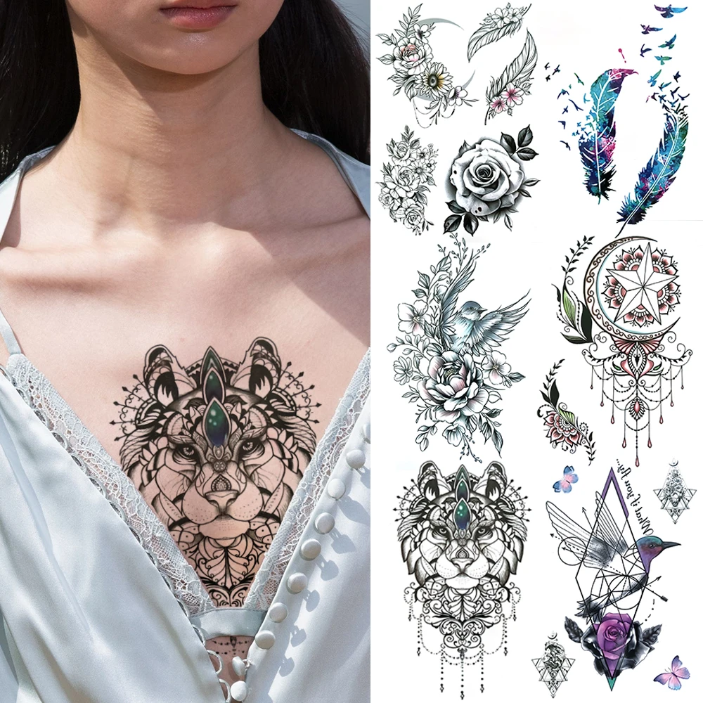 

3D Lion King Temporary Tattoos For Women Girls Realistic Bird Feather Geometric Hummingbird Fake Tattoo Sticker Body Art Tatoo