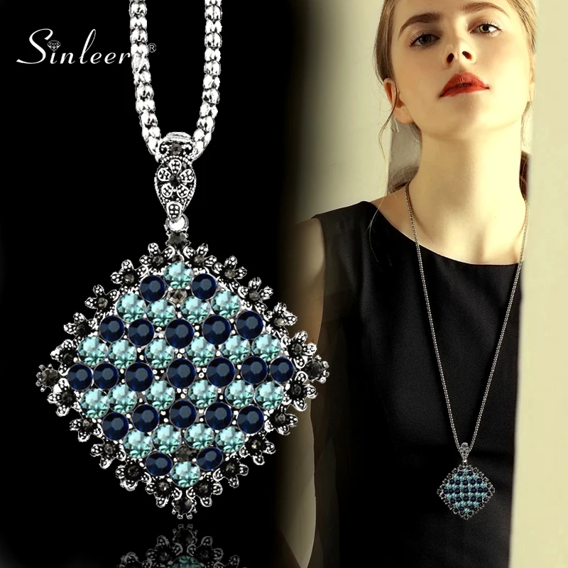 Женское винтажное ожерелье SINLEERY длинное с большой подвеской в виде темно синей