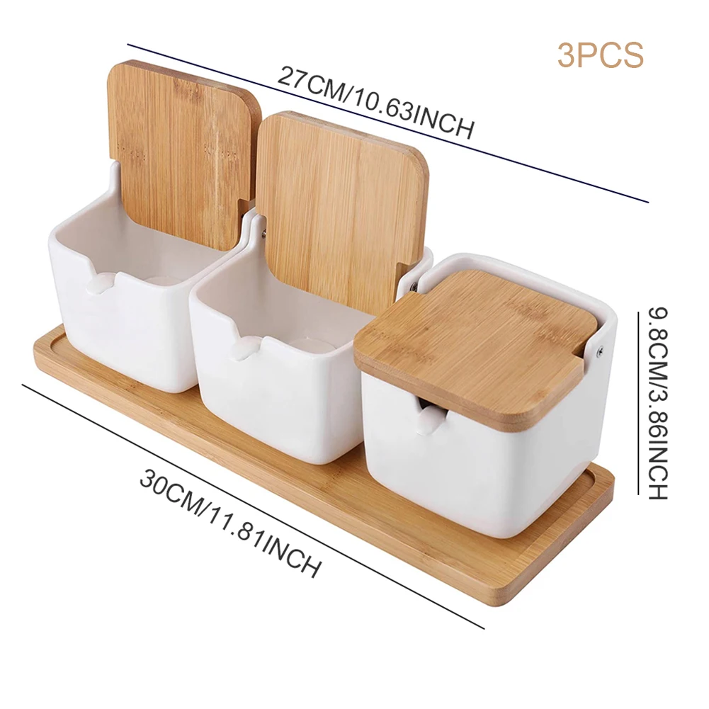 

3PCS Spice Containers Ceramic Seasoning Bottle Box Sugar Pots Set With Spoons Wooden Lids For Loose Tea Coffee Kitchen Supplies