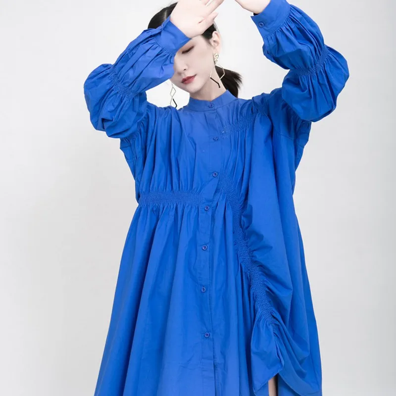 

Women Blue Pleated Shirt Dress Plus Chest 2020 Spring Autumn New Stand Collar Long Sleeve Loose Casual Irregular Dresses Fashion