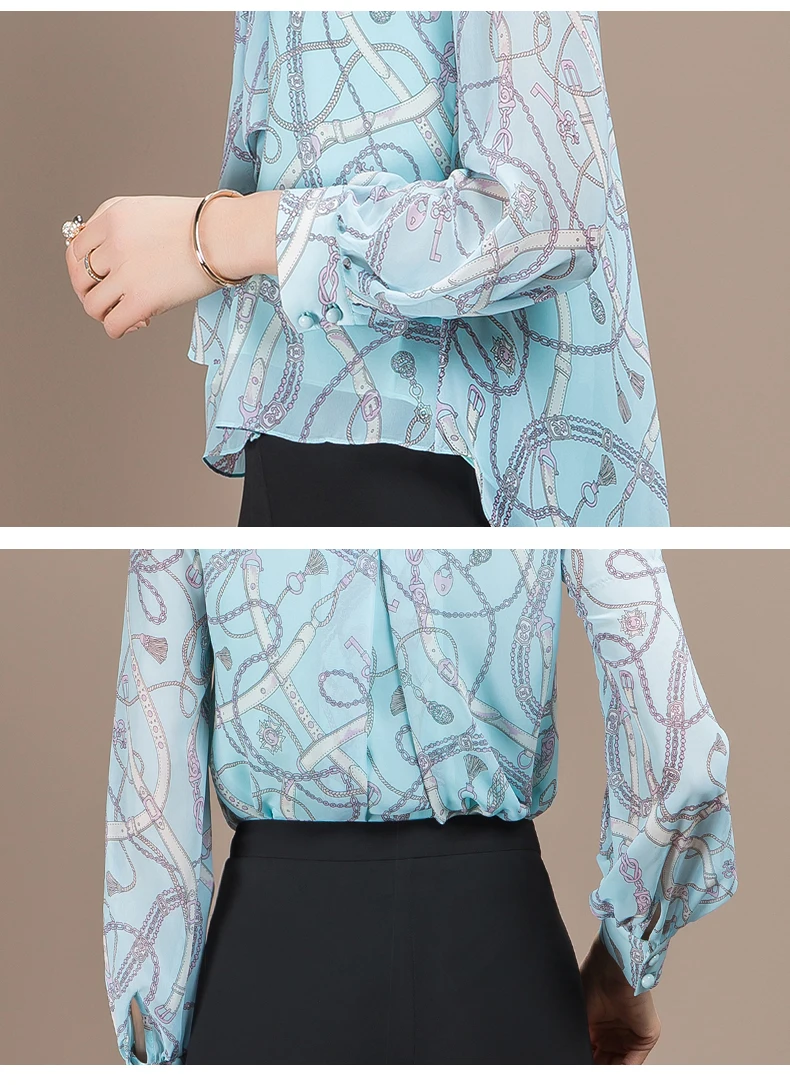 

2021 Spring Women Chiffon Shirt Blue Print Ladies Top Blouse Fashion Casual Shirts