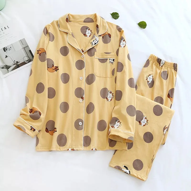 Women Cotton Pajamas Sets Autumn Cute Cat Print Long Sleeve Sleepwear Female Tops+Pants Pajamas Suit Lovely Home Clothes ouc505