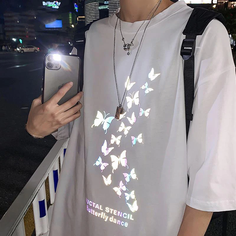 Футболка Мужская/Женская хлопковая светоотражающая свободная черная в стиле