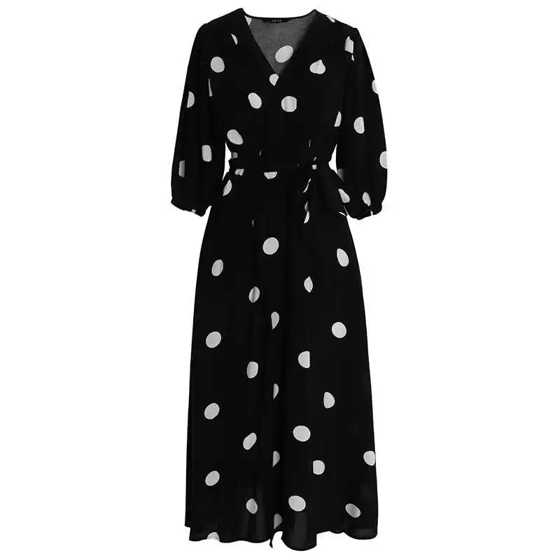 

Brand Women Fashion Dress V-neck Three-quarter Sleeve Boho Dress Polka Dot Slit Long Dress Casual Summer Dress Vestidos