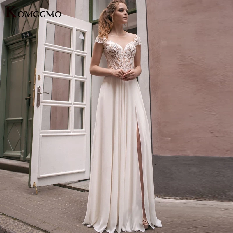 

Elegant Sweep Train Embroidery Appliques Tulle Backless A-Line Wedding Dress for Women O-Neck Cap Sleeve Split Bridal Gown