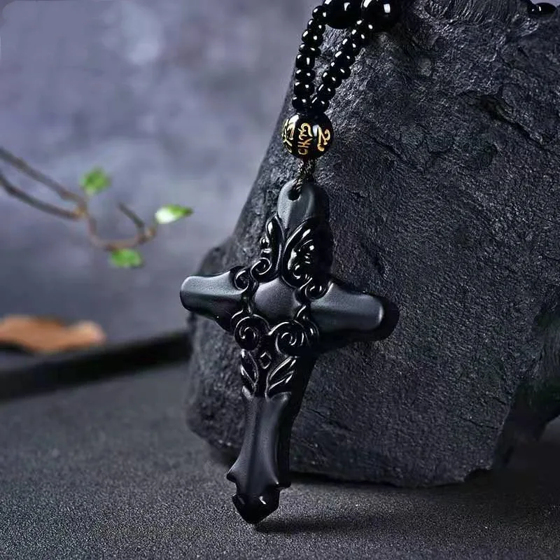

Natural Chinese Obsidian Black Hand Carved Cross Pendant Fashion Boutique Jewelry Men and Women Jesus Cross Necklace PopularGift