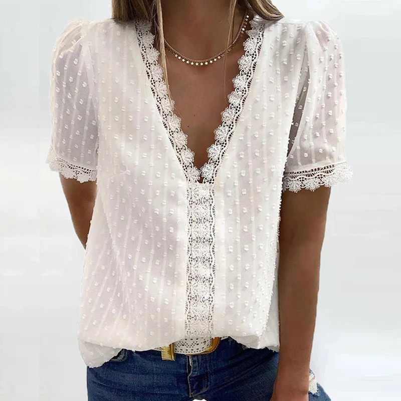 

2021 Fashion New Solid Color V-neck Chiffon Shirt Embroidered Lace Long Sleeve Top Women
