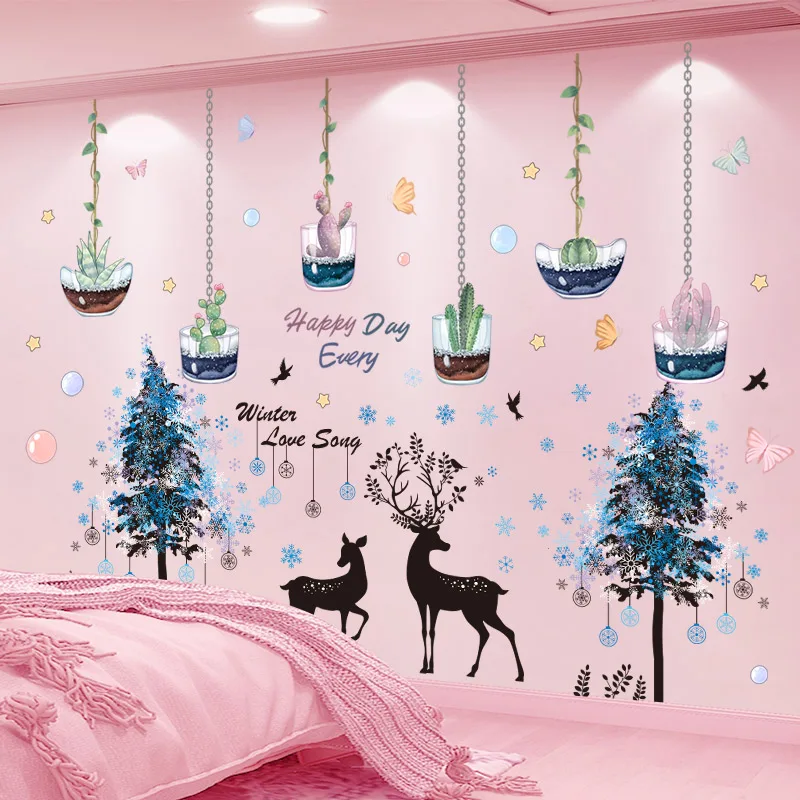 

[SHIJUEHEZI] Potted Plant Wall Stickers DIY Deer Animals Trees Wall Decals for Living Room Baby Bedroom Home Decoration