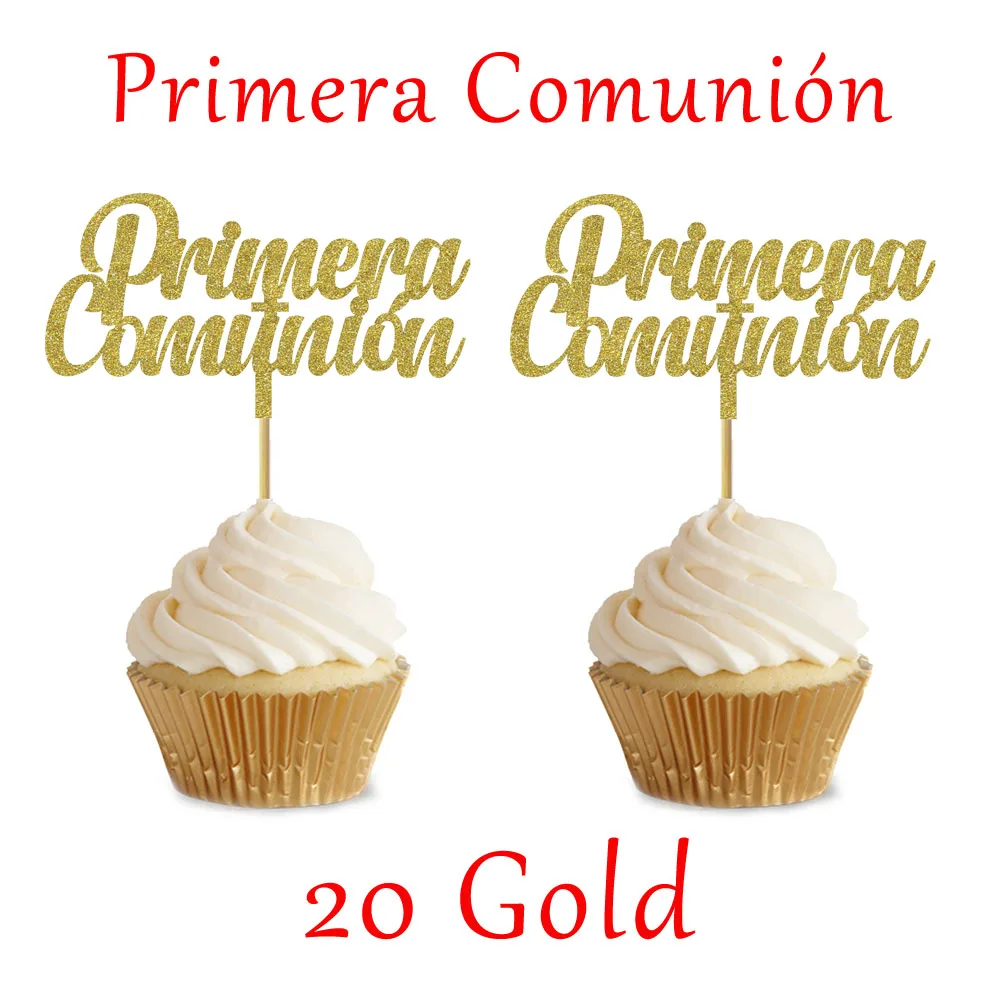 Primera Comunion 20 шт. Золотой Серебряный испанский Причастие английский Святого Причастия кекс Cupcake для детей Первое Святое Причастие вечерние украшения - Цвет: Primera Comunion