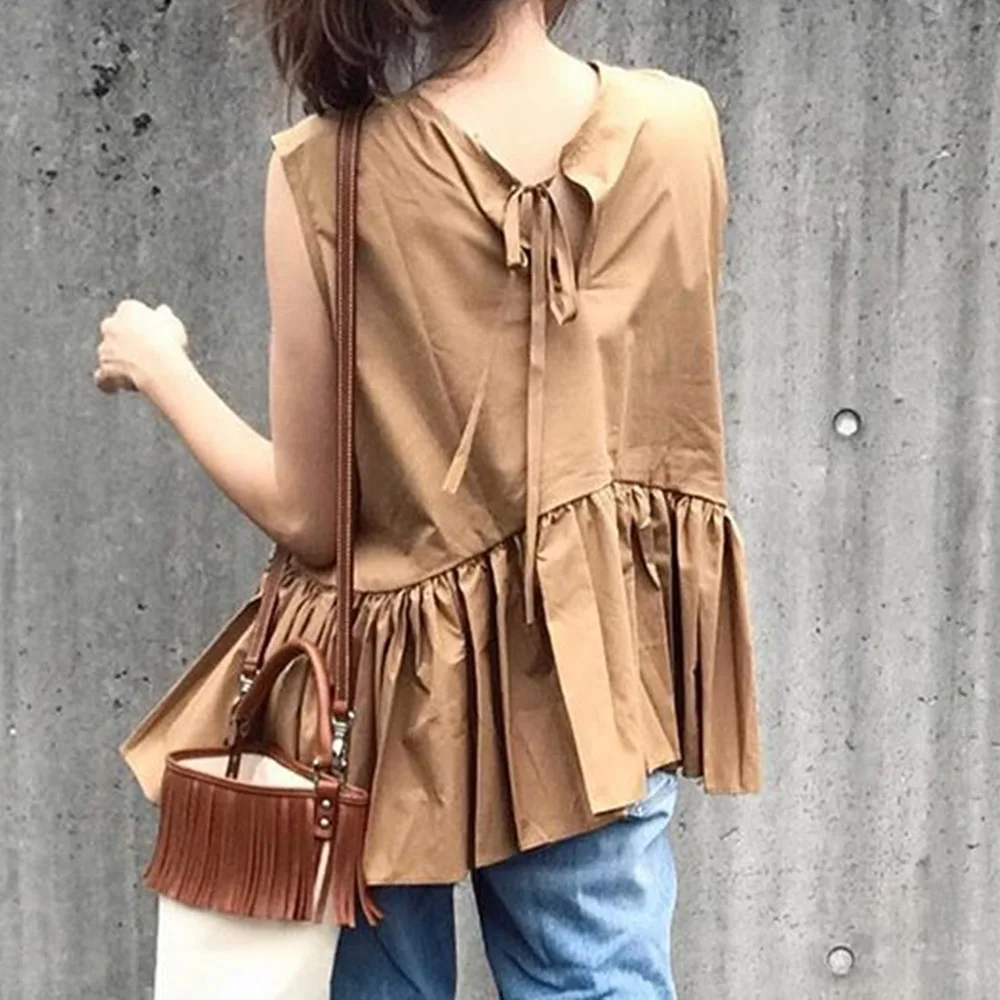 Женская плиссированная рубашка без рукавов коричневая Повседневная офисная