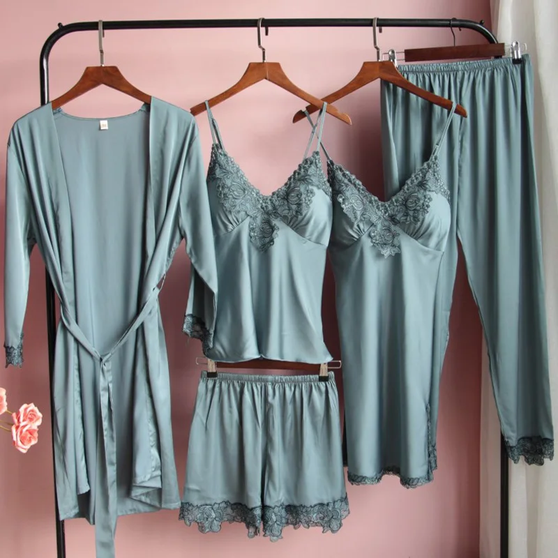 

5PCS Silk Pajamas Set For Women Sleepwear Pijamas Spring Summer Autumn Homewear Sexy Lace Lingerie Pyjamas With Pads