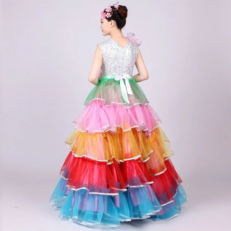 Испанское фламенко современное танцевальное платье разноцветное Сетчатое